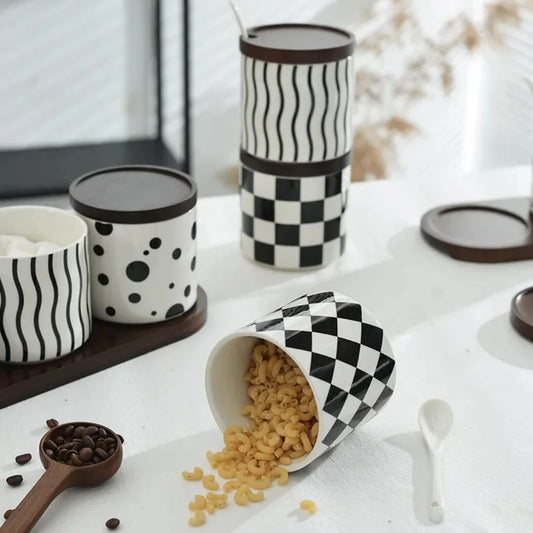 Modern Ceramic Spice Jar Set with Wooden Tray & Lids – 3-Piece