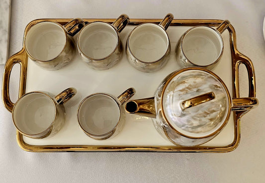 Elegant Ceramic Tea Set – 1L Teapot with Tray & 6 Cups