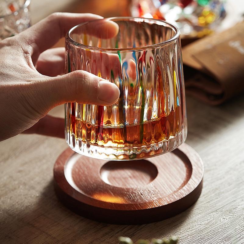 Set of Colored Glass Cups with BAMBOO Wooden base