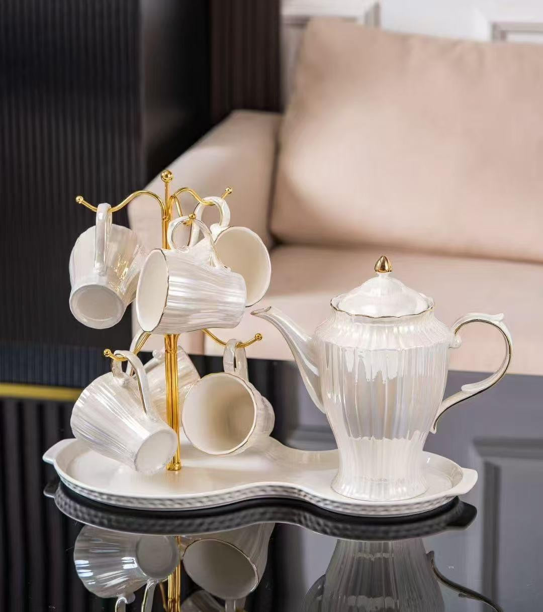 Ceramic Tea Set – Teapot with 6 Mugs, Hanging Stand & Tray