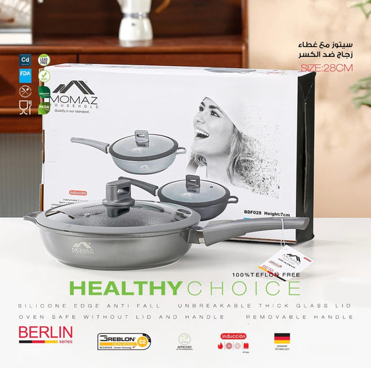 BERLIN 28cm Deep Sauté Pan with Shatter-Resistant Glass Lid