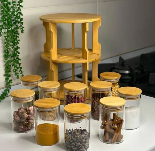 Elegant Rotating Wooden Spice Set – 10-Piece Glass Jars