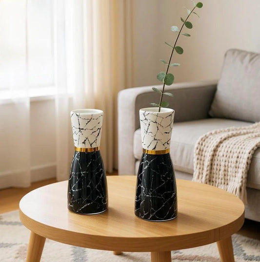 Large Luxury Marble-Effect Ceramic Vase with Gold Rim