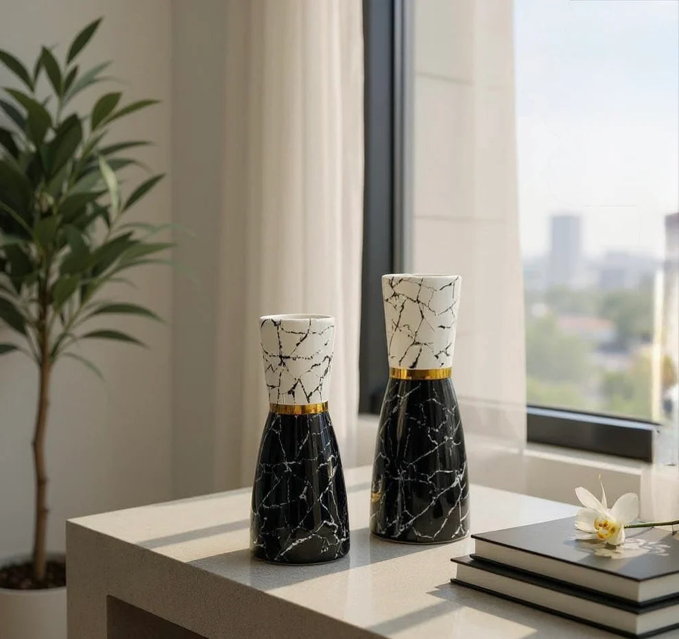 Large Luxury Marble-Effect Ceramic Vase with Gold Rim