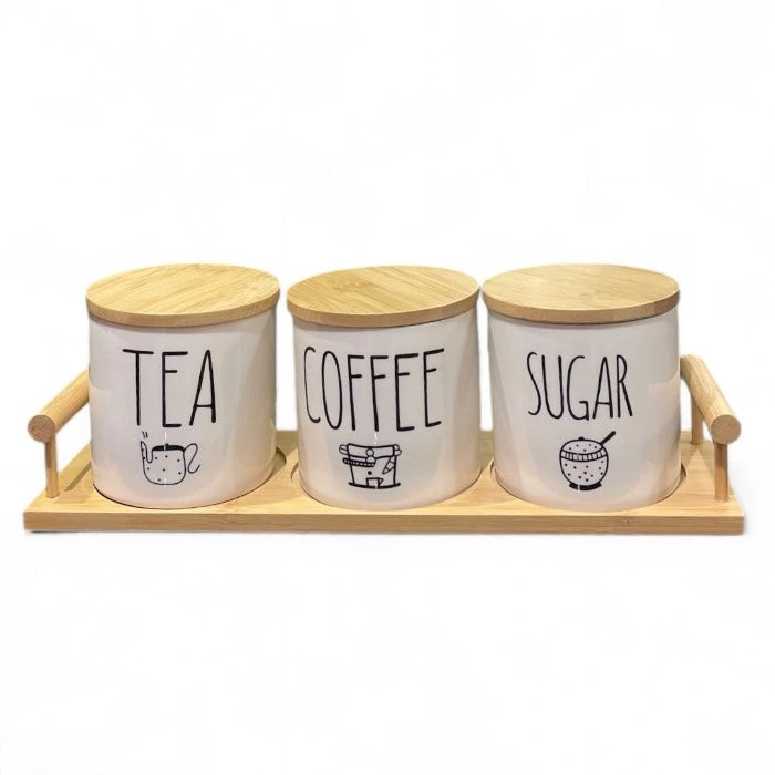 3piece Ceramic Canister Set With Wooden Tray Sugar Coffee Tea Storage