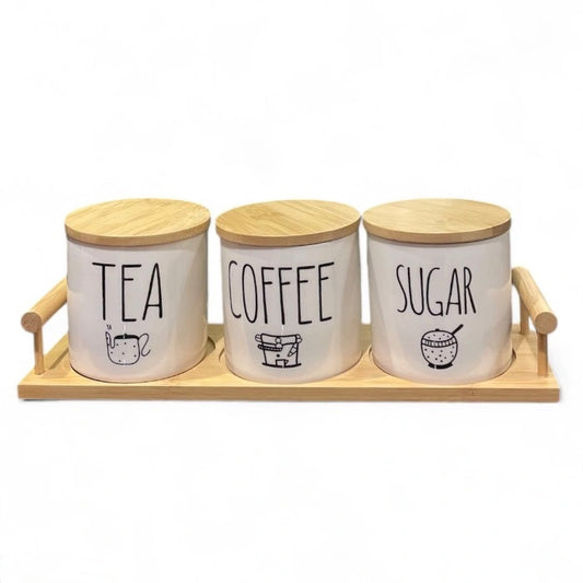 3piece Ceramic Canister Set With Wooden Tray Sugar Coffee Tea Storage