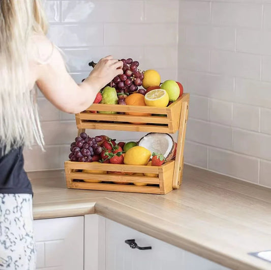 Two-Tier Bamboo Fruit Basket Stand