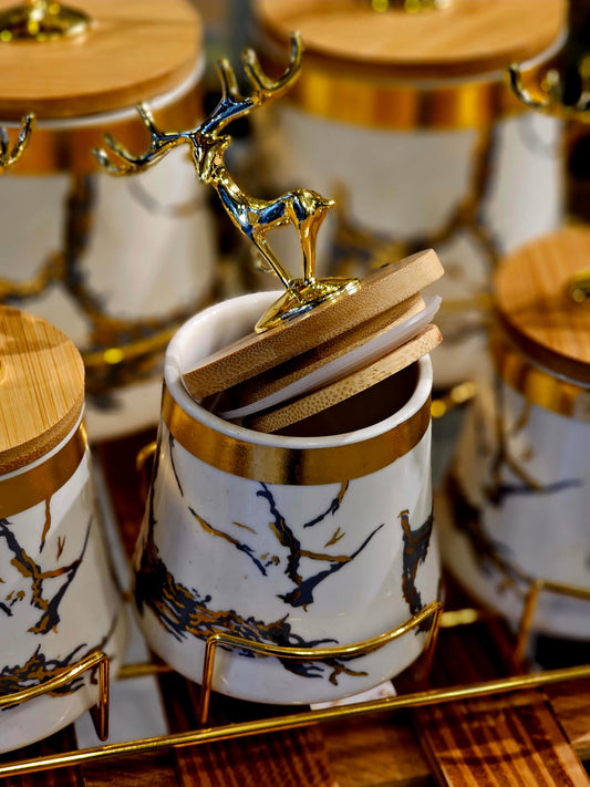 Luxurious Ceramic Spice Jar Set with Golden Deer Handles