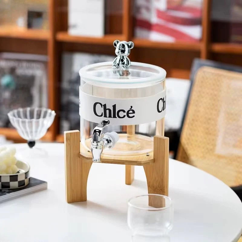 Modern Large Glass Thermos with Panda Lid and Wooden Base – 3.6L