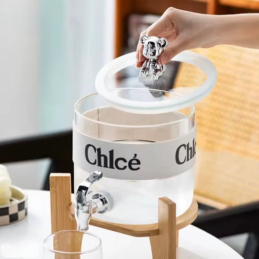 Modern Large Glass Thermos with Panda Lid and Wooden Base – 3.6L