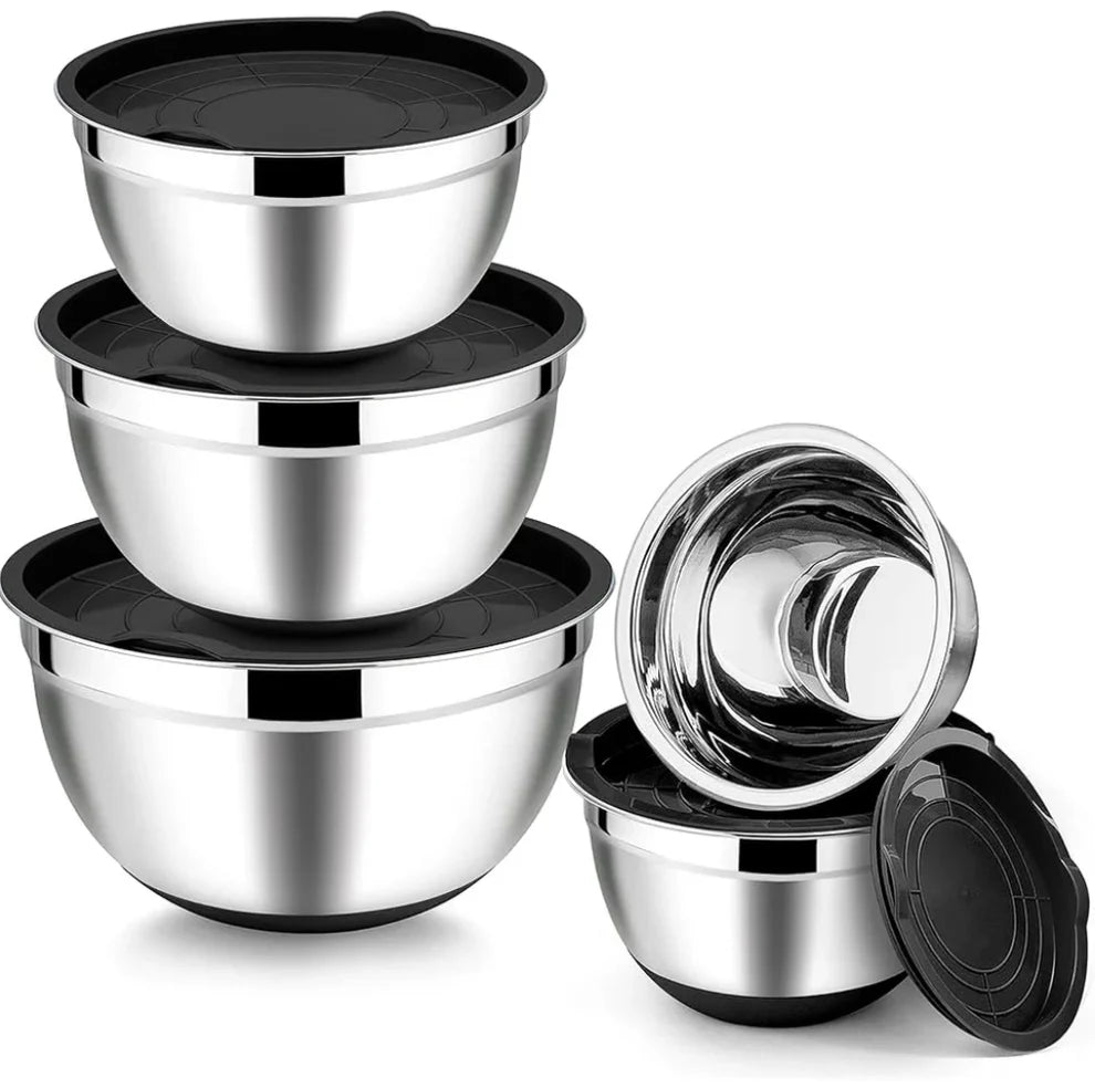 stainless steel bowl set with cover & silicone base
