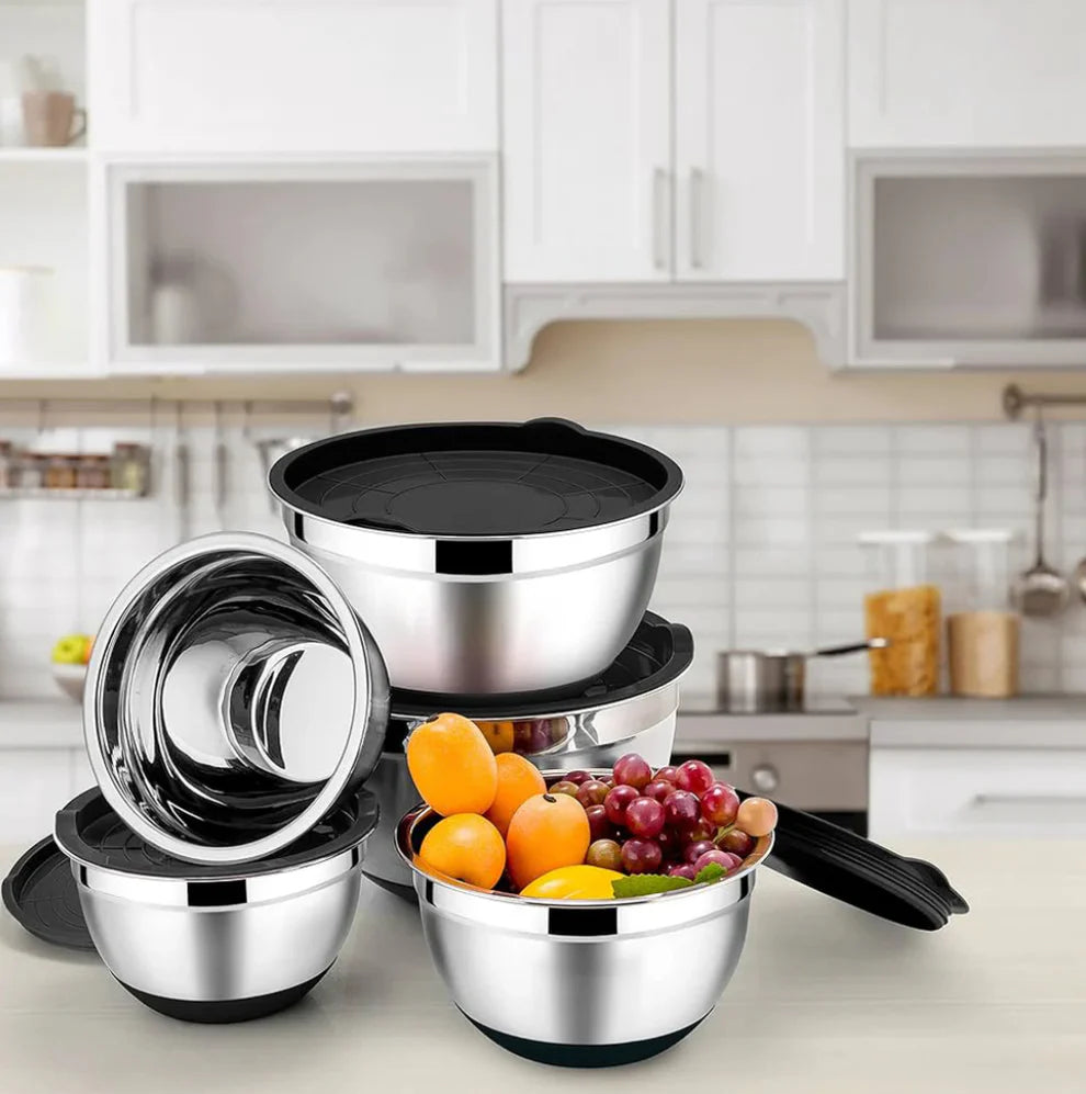 stainless steel bowl set with cover & silicone base