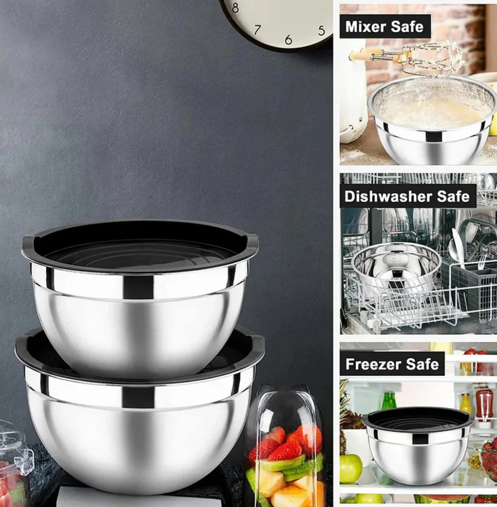 stainless steel bowl set with cover & silicone base