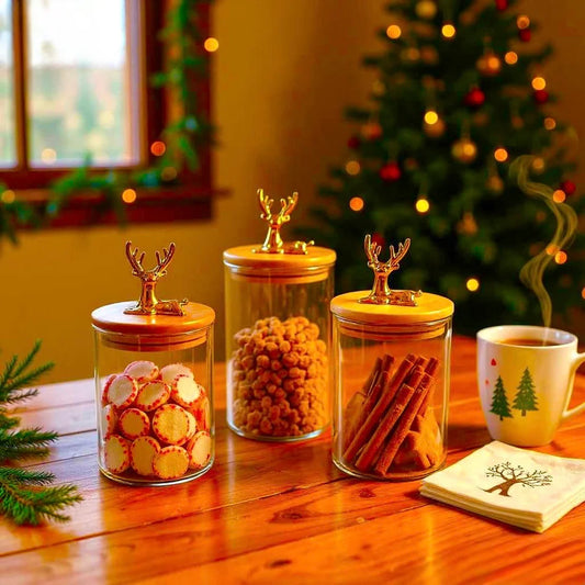 Premium Glass Jar Set with Wooden Deer Handle Lids