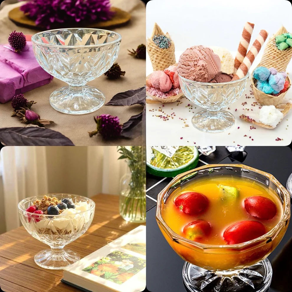 Glass Dessert Bowl Set with Luxury Base – 6 Pieces