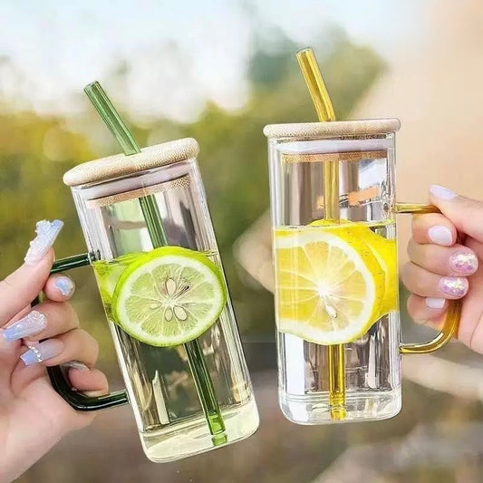 Premium Thick Glass Mug with Wooden Lid – 400ml