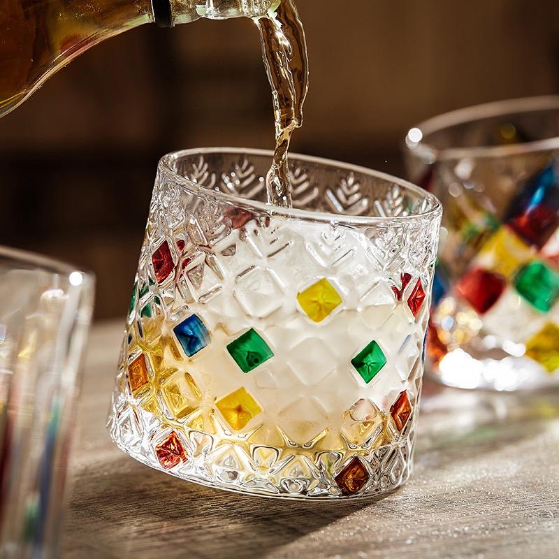Set of Colored Glass Cups with BAMBOO Wooden base