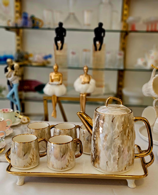 Elegant Ceramic Tea Set – 1L Teapot with Tray & 6 Cups