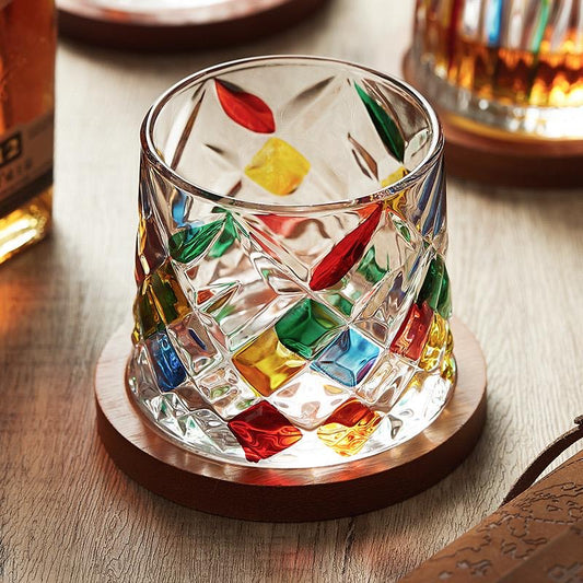 Set of Colored Glass Cups with BAMBOO Wooden base