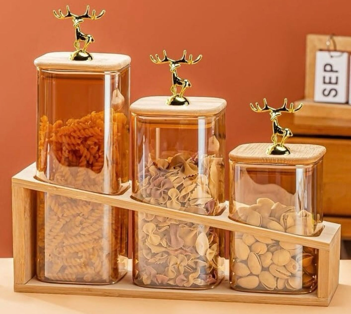 Spice Jar Set with Wooden Stand – 3-Piece Glass Collection