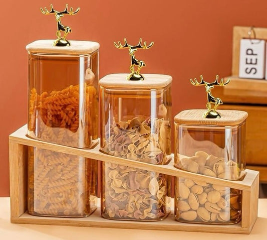 Spice Jar Set with Wooden Stand – 3-Piece Glass Collection