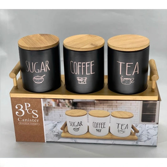 3piece Ceramic Canister Set With Wooden Tray Sugar Coffee Tea Storage