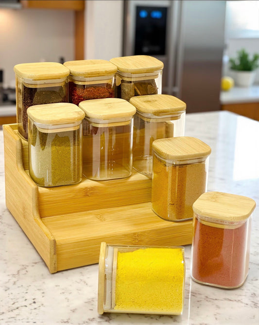 Glass Spice Jar Set with Thick Wooden Stand