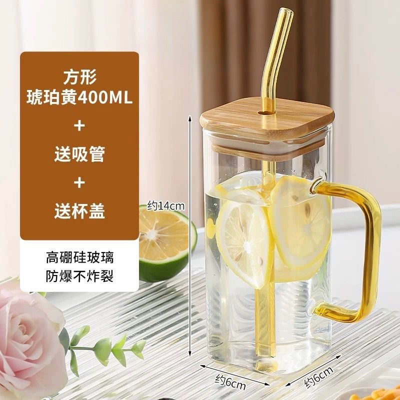 Premium Thick Glass Mug with Wooden Lid – 400ml