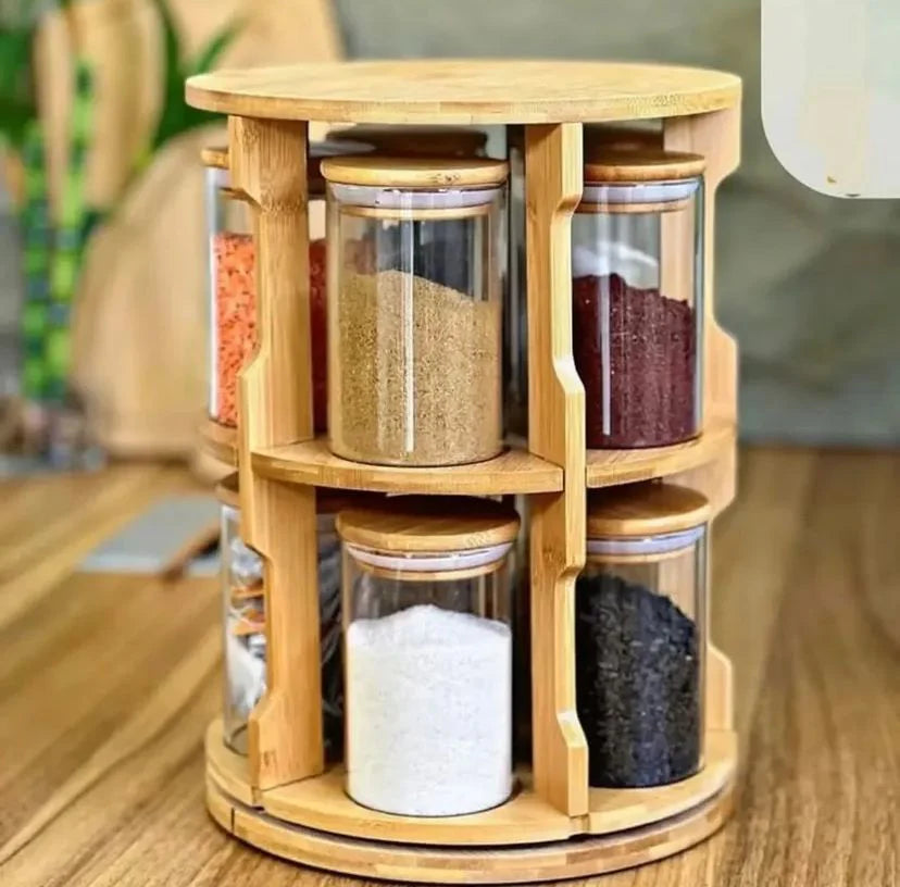 Elegant Rotating Wooden Spice Set – 10-Piece Glass Jars