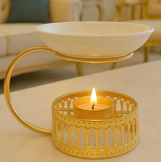 Incense Burner with Candle Base – Gold Metal & Ceramic