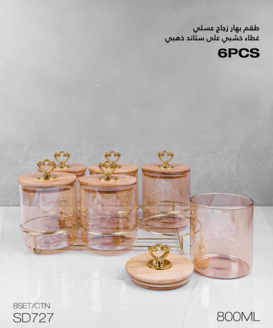 Elegant Honey Glass Jar Set with Bamboo Lids and Golden Stand – 6-Piece Spice Container Collection