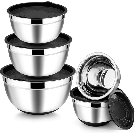 stainless steel bowl set with cover & silicone base