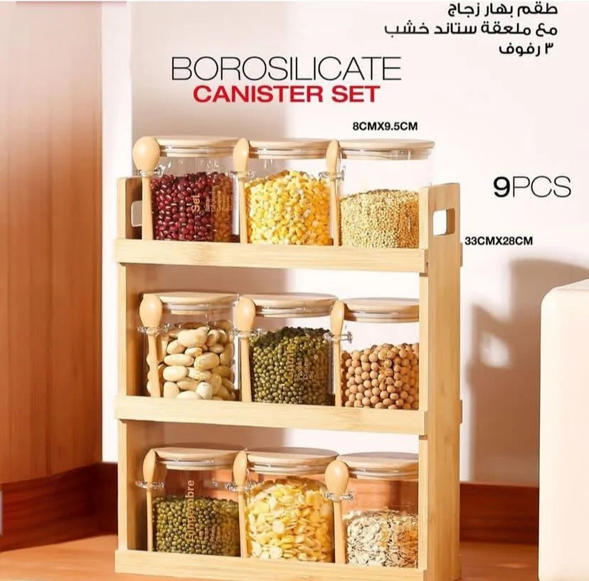 Glass Spice Jar Set with Wooden Stand – 9 Pieces