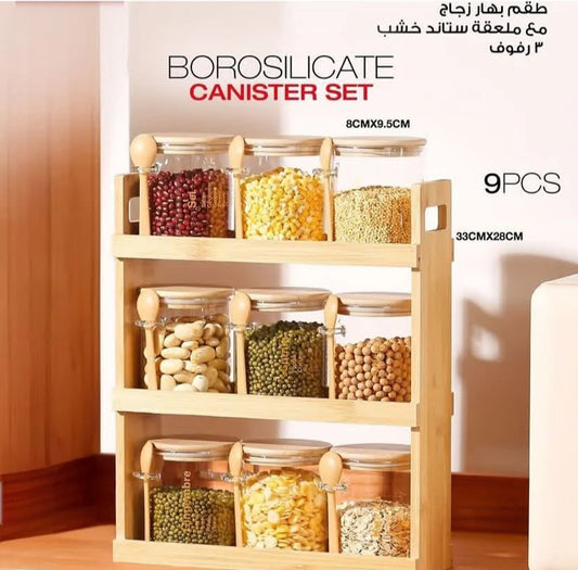 Glass Spice Jar Set with Wooden Stand – 9 Pieces