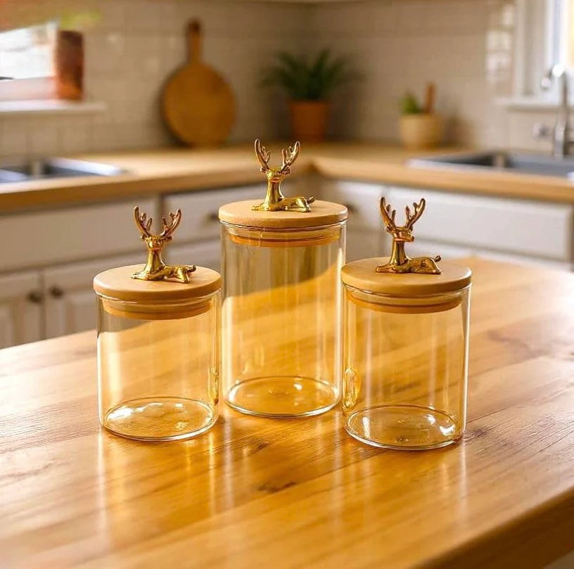 Premium Glass Jar Set with Wooden Deer Handle Lids