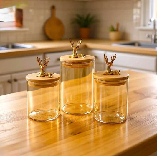 Premium Glass Jar Set with Wooden Deer Handle Lids