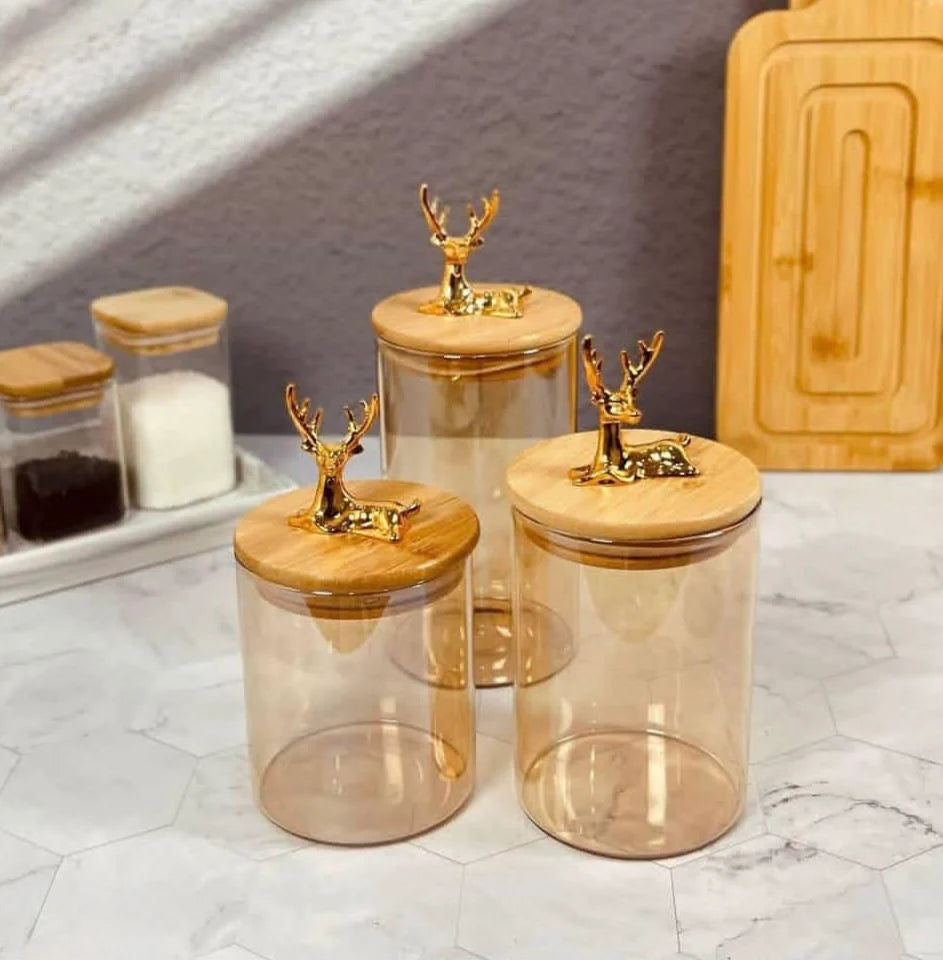 Premium Glass Jar Set with Wooden Deer Handle Lids