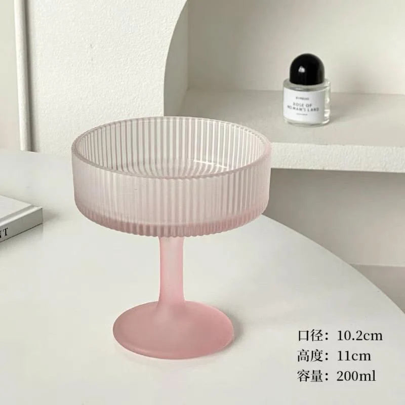 Ribbed Glass Dessert Cup – Frosted Pink- Set 12pcs