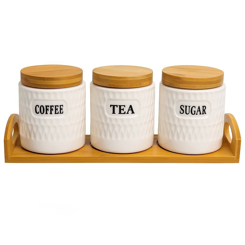 Elegant 3-Piece Ceramic Storage Jar Set with Wooden Stand