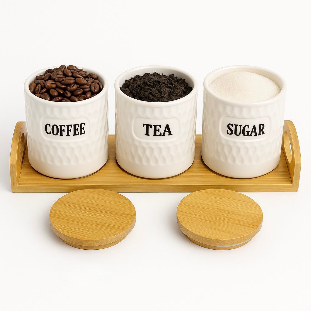 Elegant 3-Piece Ceramic Storage Jar Set with Wooden Stand