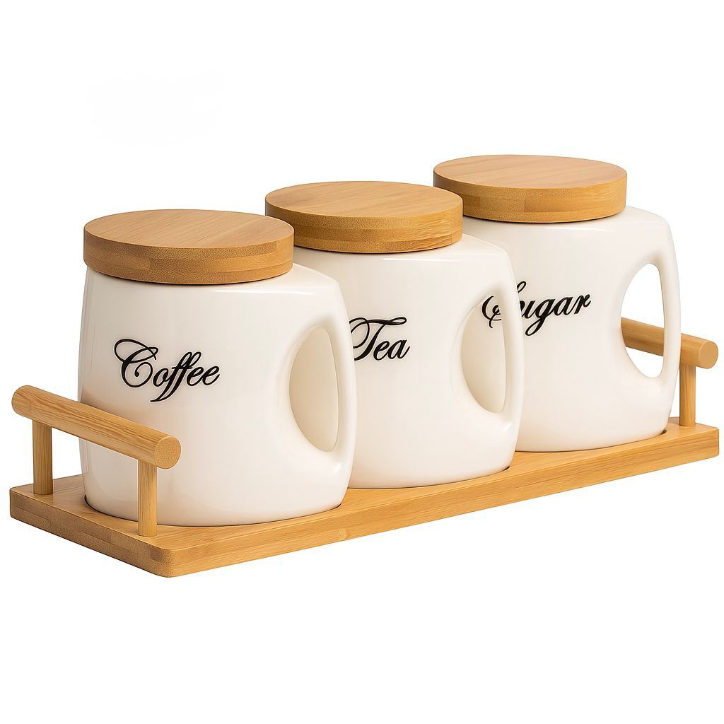 Elegant 3-Piece Ceramic Storage Jar Set with Wooden Stand