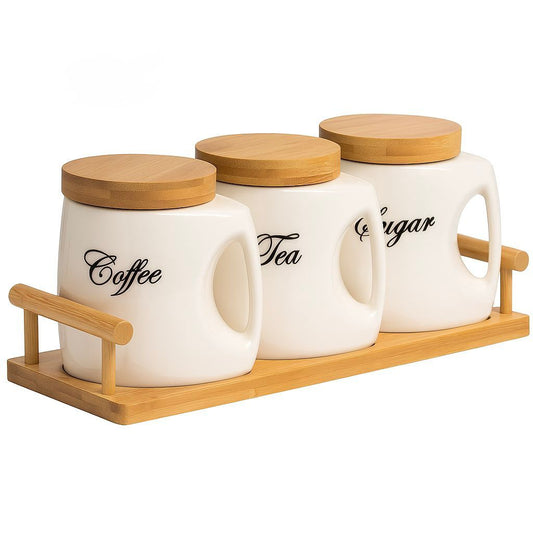 Elegant 3-Piece Ceramic Storage Jar Set with Wooden Stand